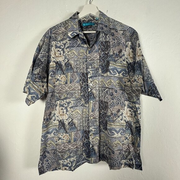 Tori Richard Mens Floral Geometric Print Short Sleeve Hawaiian Shirt Large Blue - Picture 1 of 6